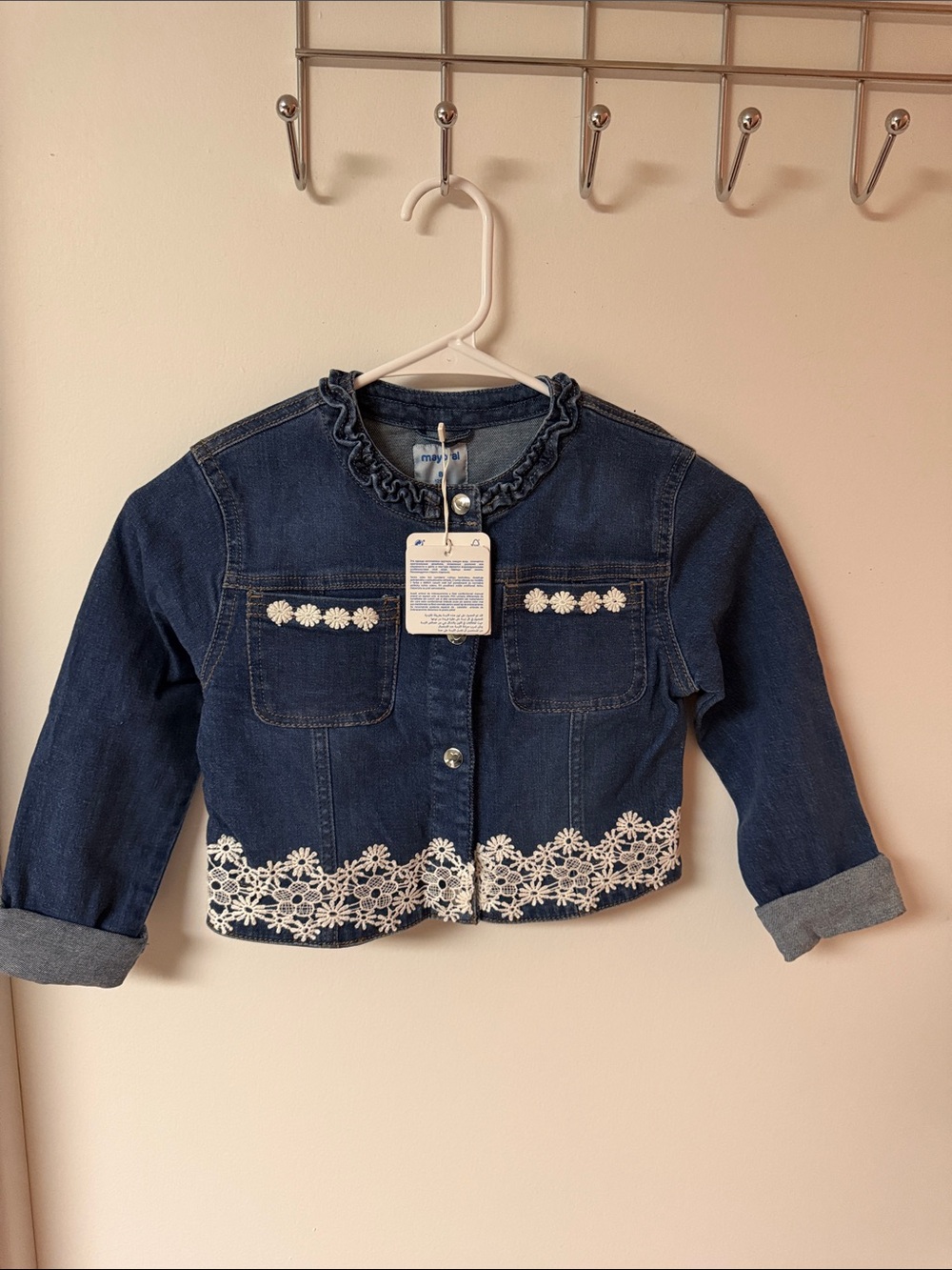 Mayoral Navy Denim Jacket with White Floral Lace Trim